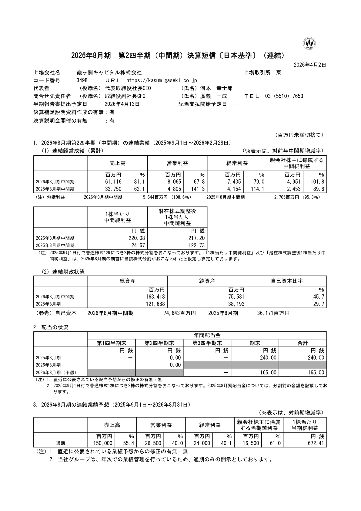 霞ヶ関キャピタル IR