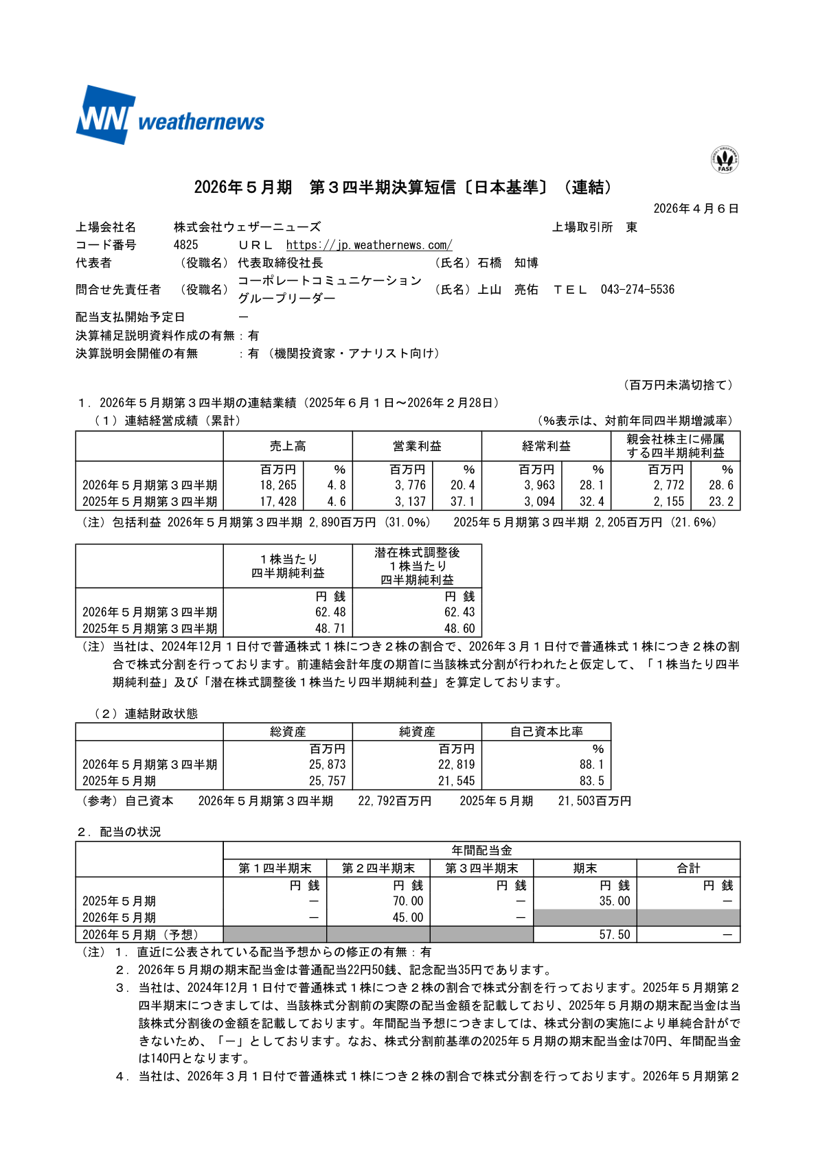 ＷＮＩウェザー IR